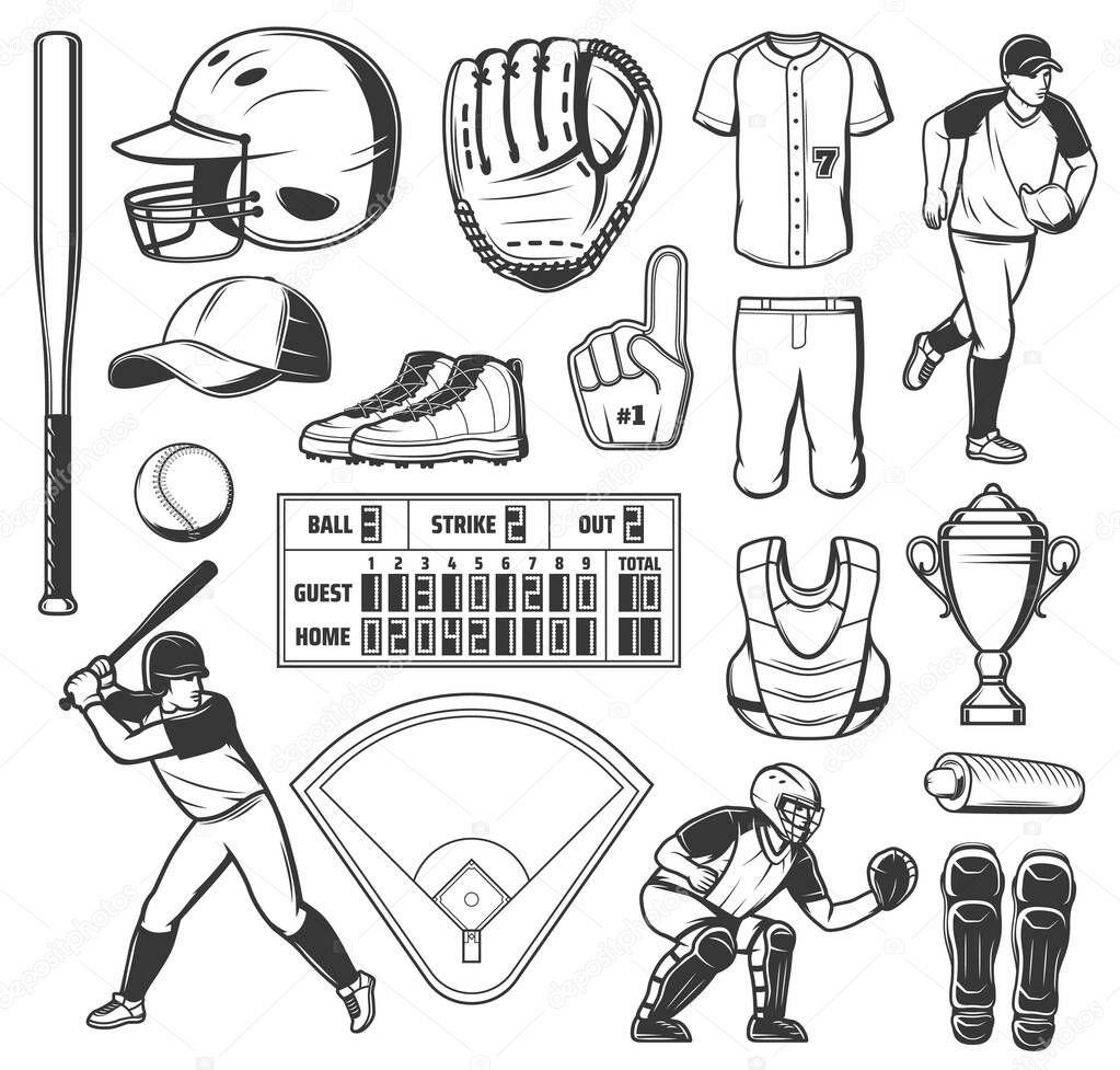 Baseball sport game vector icons ball, bat or winner trophy cup. Stadium play field, pitcher player helmet and scoreboard, catcher glove, sporting items, equipment and uniform. Baseball club signs set