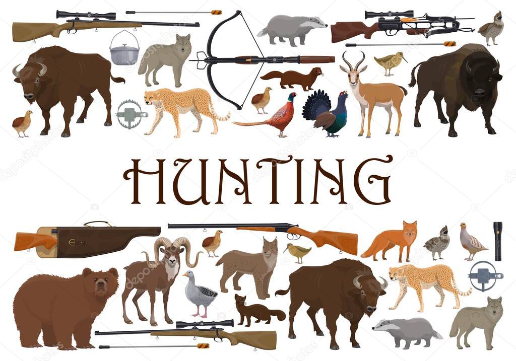 Hunting sport animals and guns, hunter weapons and safari trophy, vector. Hunt open season wild animals and rifle guns for bear, wildfowl pheasant and African safari cheetah or duck, hunt equipment