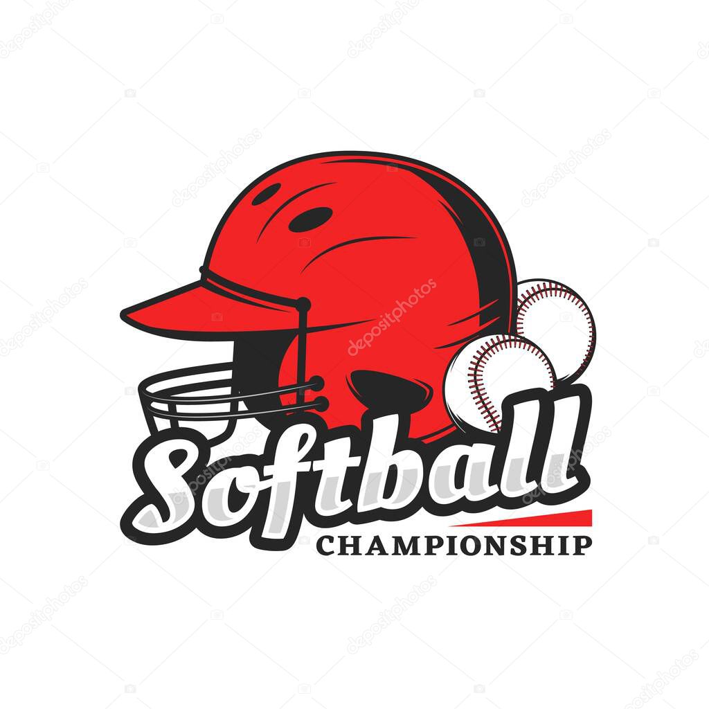 Softball championship icon with red player helmet and balls. Vector emblem for baseball tournament. Sport equipment for playing game safety cap with balls, design element isolated on white background