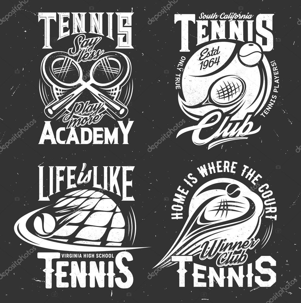 Tennis sport vector tshirt prints. Playing rackets and balls on black grunge background. Tennis sports team or academy labels with white typography. T shirt prints, isolated monochrome emblems set