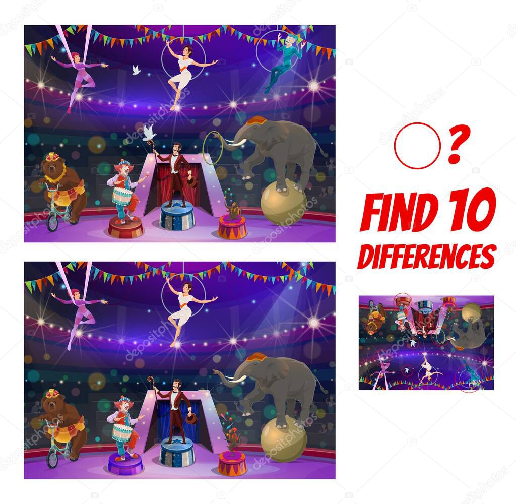 Kids game with circus performers. Find ten differences maze, cartoon vector clown characters , tamer, aerial gymnasts and animals on big top tent. Educational children riddle, leisure activity test