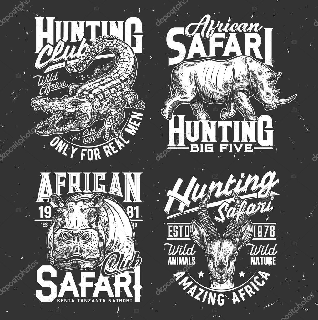 Safari hunting tshirt prints sketch vector rhino, hippo, crocodile and gazelle wild African animals. Hunting club mascots, hunter or safari society labels with animals heads or muzzle, apparel emblems