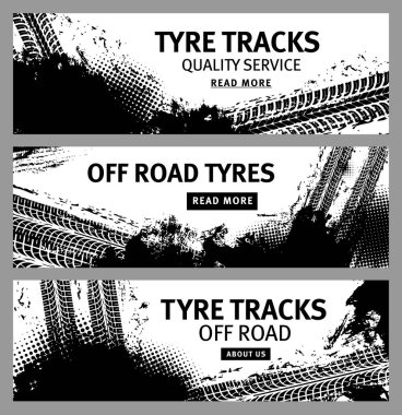 Vektör lastik izleri ve off-road lastik izleri olan Grunge afişleri. Çamur ya da toprak yol tekerleği izleri yarış arabası, kamyon ya da traktör, motosiklet ya da bisiklet, lastik lastik lastik izleri yarım ton desenli.