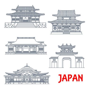 Japonya seyahati, Japon mimari tapınakları, pagodalar ve kapılar, vektör binalar. Osaka, Fukuoka ve Nagasaki illerindeki Japon tapınakları, Dazaifu Temmangu tapınağı ve Sumiyoshi Taisha