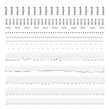 Dikiş, defter delme, spiral bağlama ve bölme. Vektör kablosu, takvim için çelik halka yayları, günlük, not defteri, belge kapağı, yırtık kenarlı kitapçık sayfaları, izole edilmiş 3d set