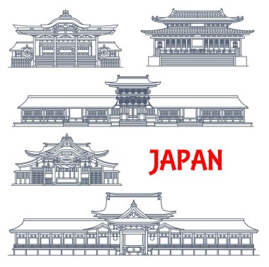 Japon simgeleri, mimari tapınaklar, binalar, vektör çizgisi simgeleri. Ikaruga 'daki ünlü Japon Tokoji Tapınağı, Usa Jingu veya Oita' daki Usa Hachimangu Tapınağı ve Fukuoka 'daki Kushida jinja tapınağı.