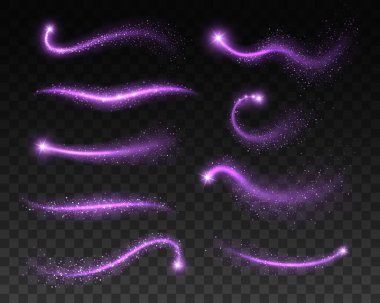 Sihirli mor kıvılcımlar, parıltılar ve uzay tozu, vektör ışığı parlıyor ve parlıyor. Mor bokeh dalgaları, neon ışıltı efekti, parlak kıvılcımlar ve parlak parçacıklar.