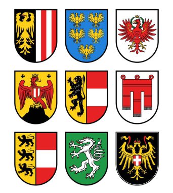 Avusturya hanedanlık, Avusturya devletleri arma vektörü. Burgenland, Carinthia ve Aşağı Avusturya amblemleri, Salzburg, Styria ve Tyrol, Yukarı Avusturya ve Viyana, Vorarlberg bayrak simgeleri