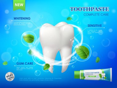 Naneli diş macunu, diş beyazlatma, sakız bakımı ve beyaz sağlıklı dişli temizlik vektör reklamı posteri, nane yaprağı ve yapıştırıcılı tüp. Diş bakımı ürünü, hassas plaket koruması ve onarımı