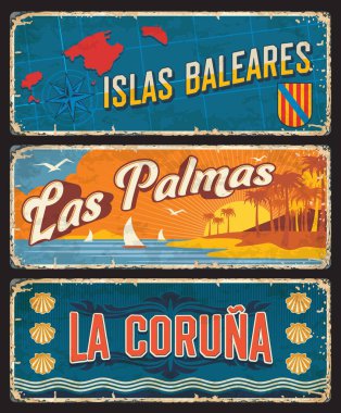 İspanya Baleares Adaları, Las Palmas ve La Coruna plakaları ve teneke paslı tabelalar, vektör. İspanyol Balkulak adaları, topluluk ve metal paslı plakalar şehir sloganları ve simgeleri ile