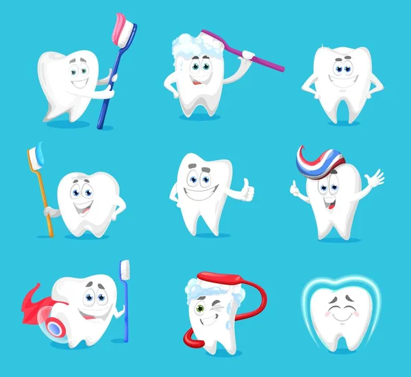 Higiene Dental Dientes Personajes Dibujos Animados Con Cepillo Pasta Dientes — Vector de stock