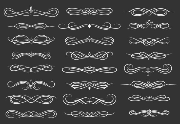 Dividers and border floral embellishments. Vector vintage ornaments, floral decorations and elegant curly boders. Frames and retro dividers white swirls and thin lines