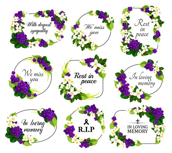 葬儀サービスベクトル花輪と花のフレーム 紫色の紫 白ジャスミンの花とRipで緑の葉の境界線と緑の花の花輪 愛の記憶と平和の引用符で残りの部分 — ストックベクタ