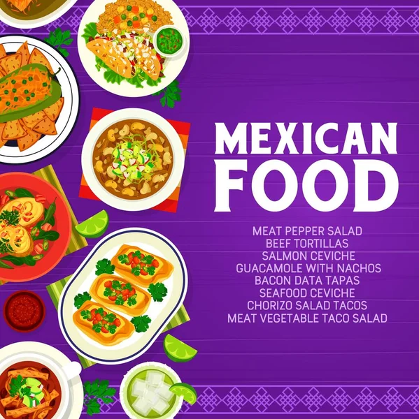 Masakan Meksiko Menu Makanan Meliputi Dengan Hidangan Dan Makanan Atas - Stok Vektor