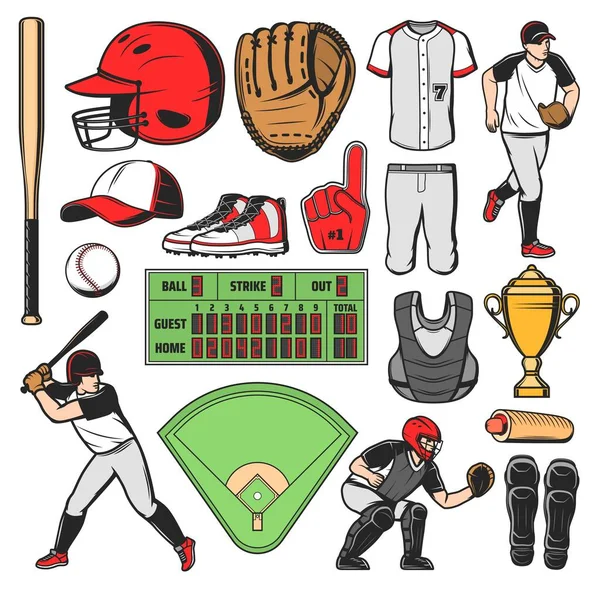 Baseball Equipamento Jogo Esporte Jogadores Campo Vector Morcego Bola Capacete — Vetor de Stock