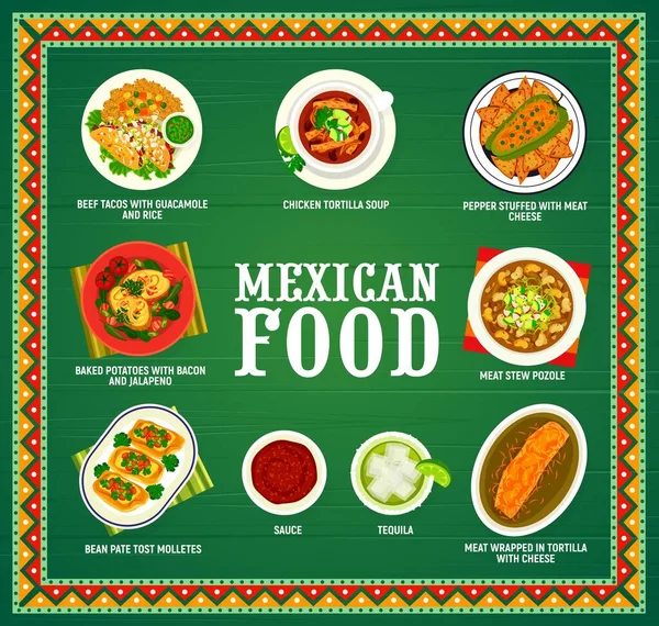 Mexikanische Speisekarte Gerichte Und Mahlzeiten Der Mexikanischen Küche Vektorcover Oder — Stockvektor