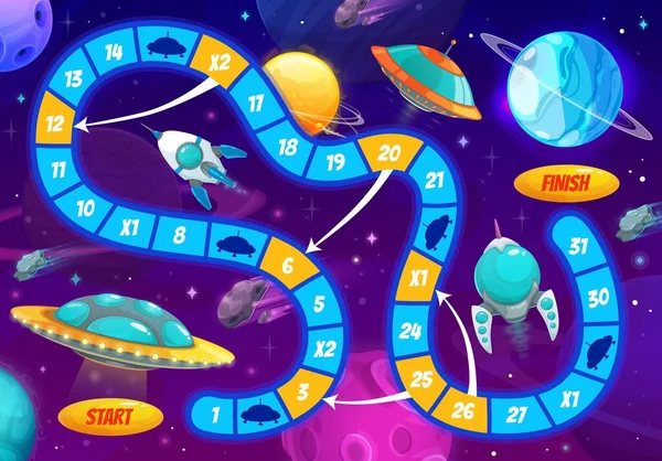 卡通太空棋盘游戏 星系发现小孩的向量步棋盘游戏与宇宙飞船和行星 孩子们在小径上瞎猜 你说的是什么 开始和结束 在宇宙中与外国船舶的任务 — 图库矢量图片