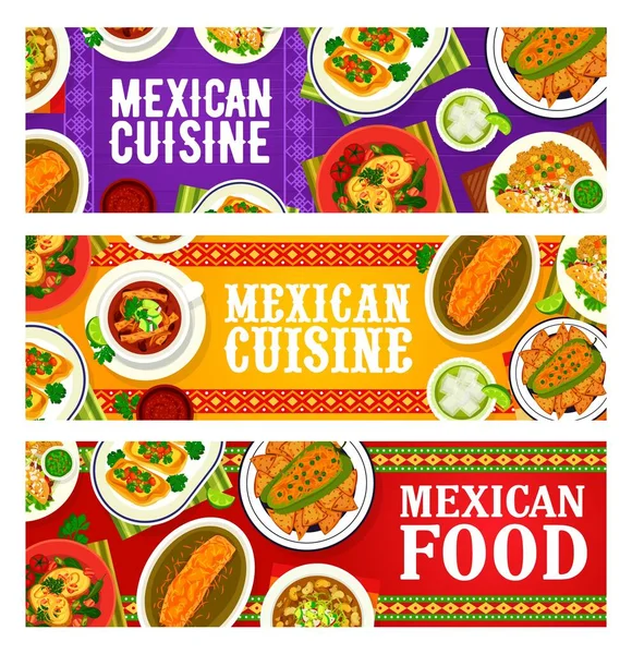 Mexican cuisine food dishes and Mexico meals, vector banners. Mexican food traditional lunch and dinner dishes with tacos and avocado guacamole, pozole stew, tequila and baked potatoes with bacon