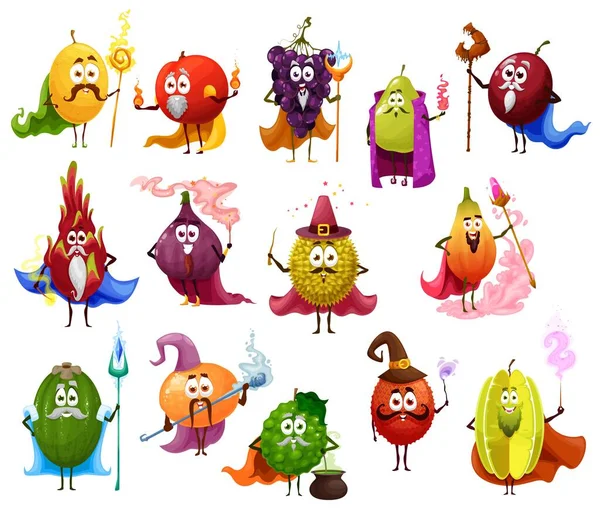 Divertido Mago Frutas Personajes Dibujos Animados Mago Melón Uvas Penacho — Archivo Imágenes Vectoriales