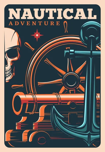 Морские Приключения Пираты Плакат Черепом Шлем Пушки Якорь Пылающей Звездой — стоковый вектор