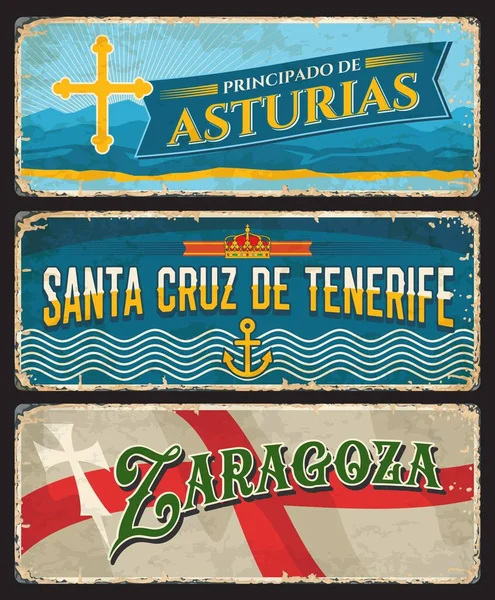 Spanyolország Zaragoza Santa Cruz Tenerife Sziget Asturias Fémlemezek Rozsdás Táblák — Stock Vector