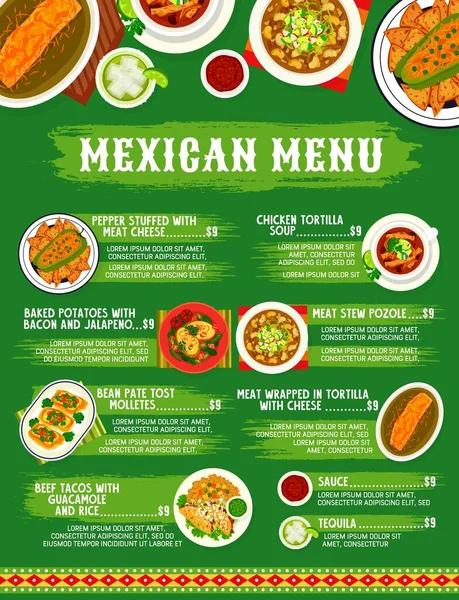 Mexican cuisine menu, food dishes and Mexico meals, vector traditional lunch and dinner. Mexican food and gourmet authentic dishes with tacos, chicken meat, pozole stew, avocado guacamole and tequila