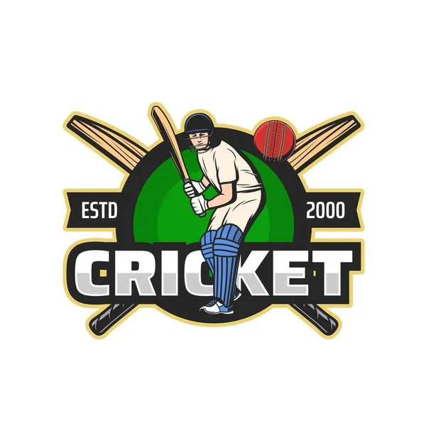 Cricket sport icon, club and team league badge or vector tournament emblem. Cricket championship cup icon, batsman player in sport uniform with bat striking ball, cricket game competition