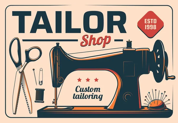 Máquina Coser Sastrería Cartel Tienda Vector Tarjeta Vintage Para Estudio — Archivo Imágenes Vectoriales