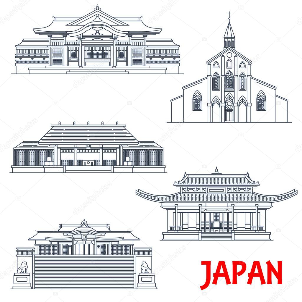 Japanese temples, Japan architecture, landmarks and pagoda buildings, vector. Japan travel and Buddhist shrines, Amano Iwato in Miyazaki, Suwa temple and Oura catholic Church in Nagasaki prefecture