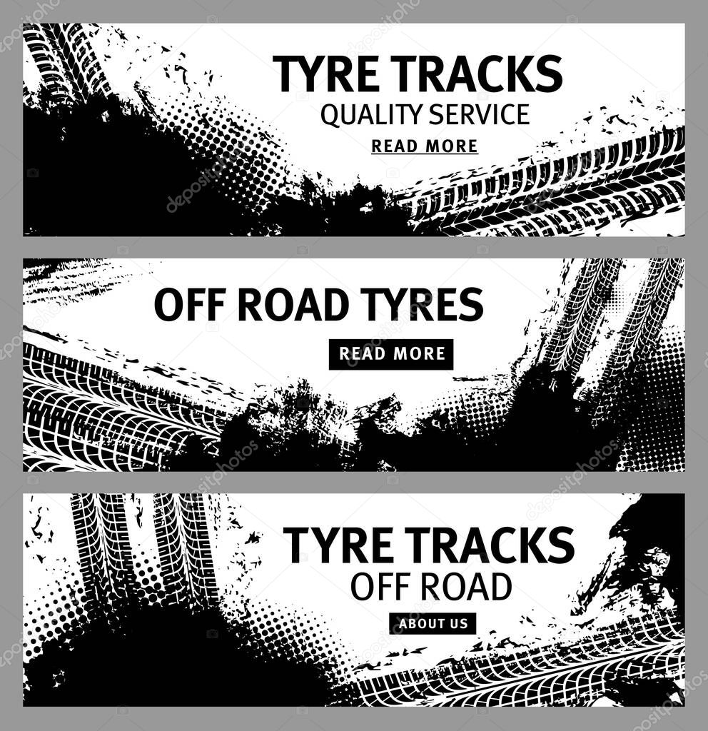 Grunge banners with vector tire tracks and offroad tyre prints. Mud or dirt road wheel traces of race sport car, truck or tractor, motorcycle or bike, rubber tread black marks with halftone pattern