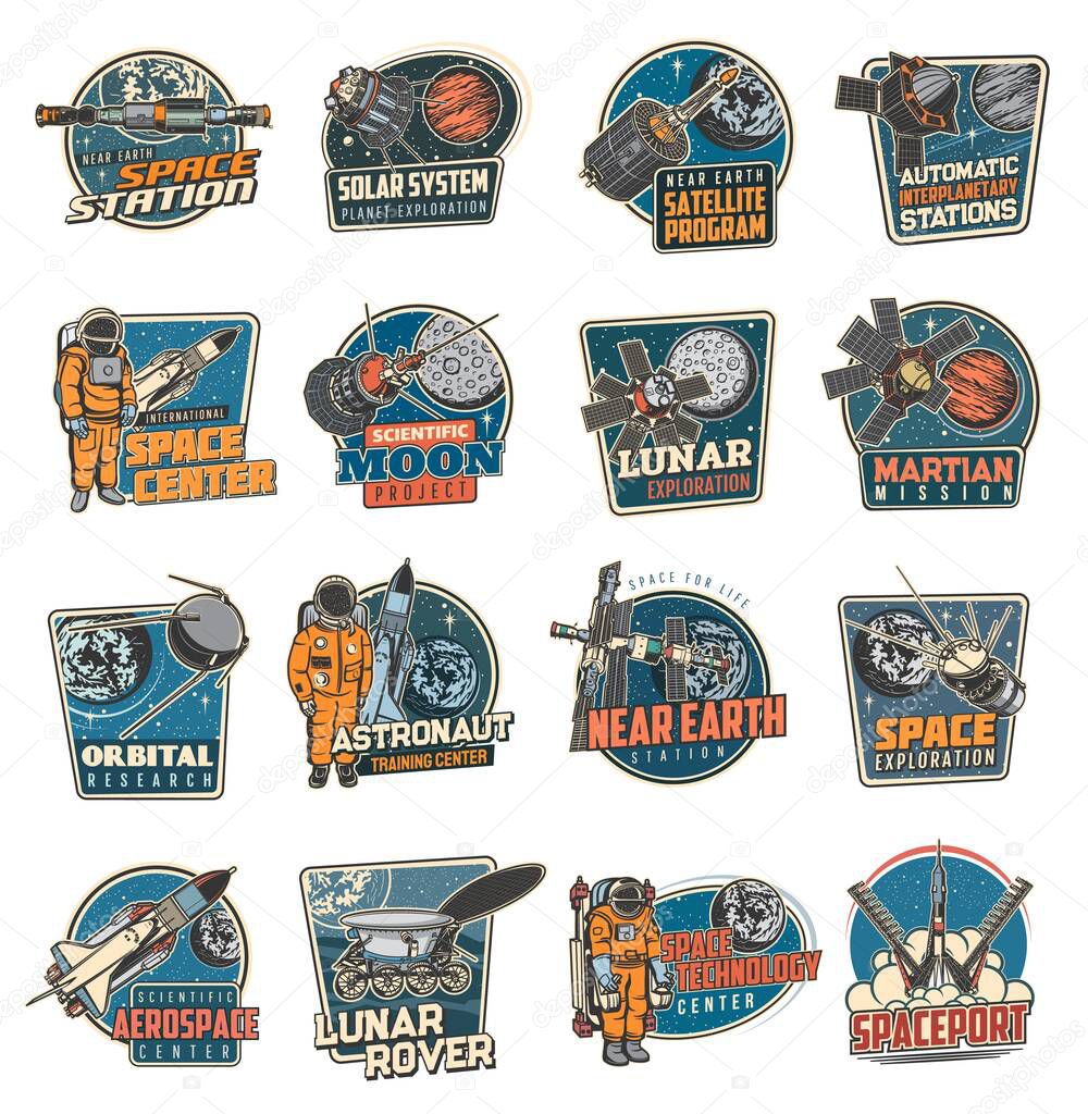 Galaxy and space discovery icons, vector emblems astronaut in galaxy, rocket in outer cosmos, shuttle expedition, explore adventure. Satellite in space, lunar rover on planet surface retro labels set