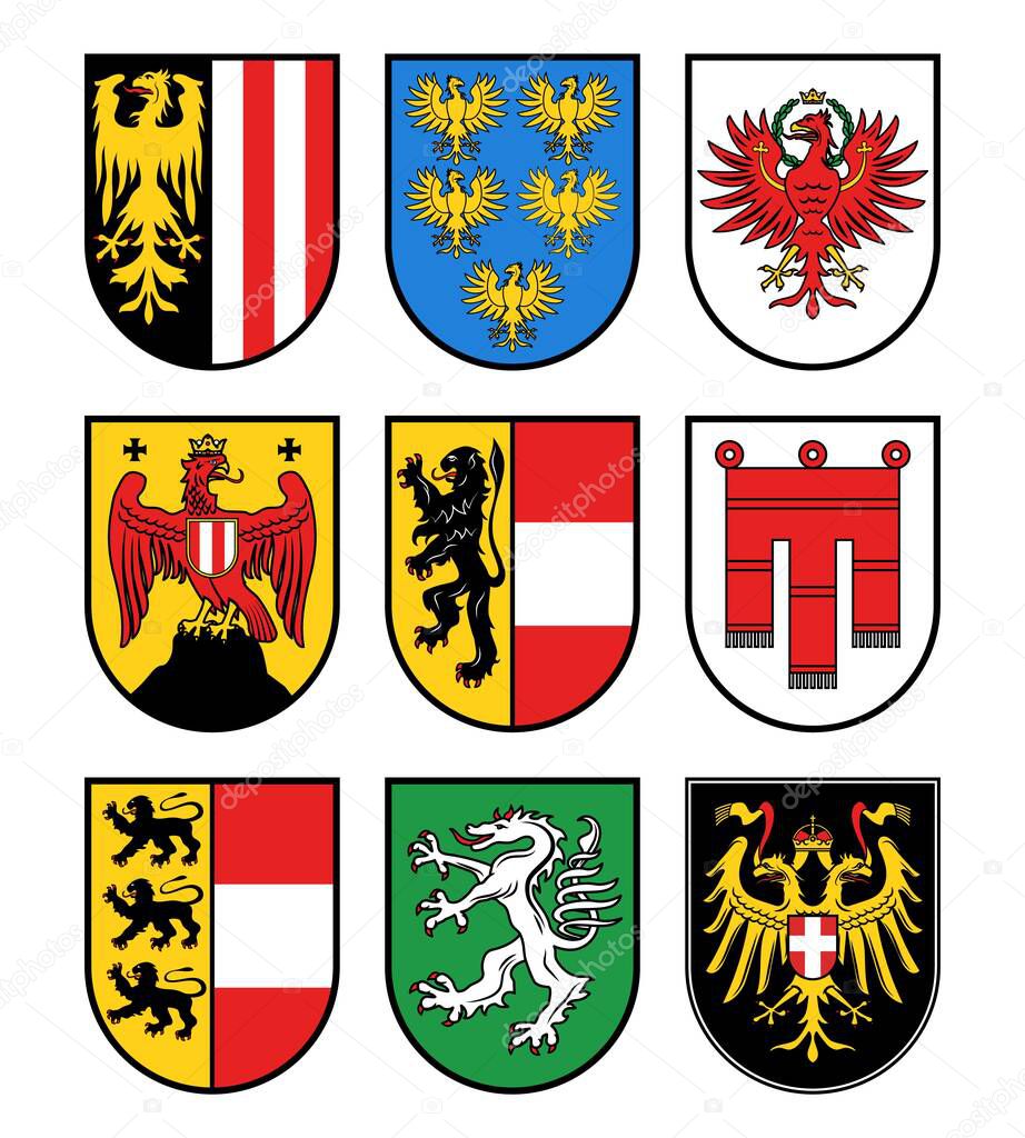 Austria regions heraldry, Austrian states vector coat of arms. Burgenland, Carinthia, and Lower Austria emblems, Salzburg, Styria and Tyrol, Upper Austria and Vienna, Vorarlberg flags icons