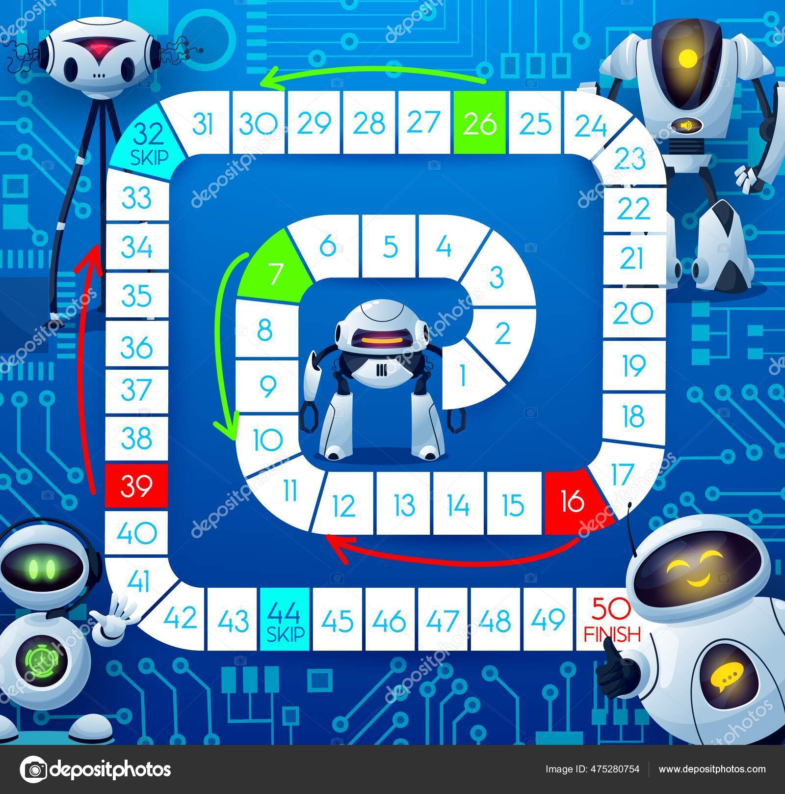 Jogo infantil com robôs e andróides, jogo de tabuleiro com caminho