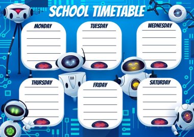 Komik robotlarla dolu okul takvimi, ders programları, vektör geçmişi. Çocuk okulu ya da anaokulu eğitim programı ve çizgi film sohbet robotları ve robotlarıyla ders programı.