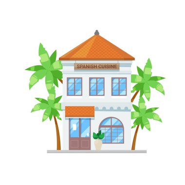 İspanyol mutfak binası, bar ya da kafe barı, vektör mimari düz ev. Akdeniz adası ve İspanya 'daki restoranın Avrupa mutfak mimarisi, palmiyeli geleneksel giriş