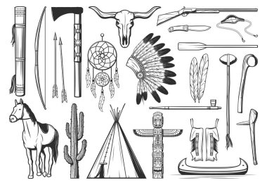American indians culture symbols. Thin line bow, arrows and quiver, tomahawk or hatchet, dreamcatcher and buffalo skull, warbonnet, rifle and teepee, totem, canoe and rifle, knife, sling and horse clipart