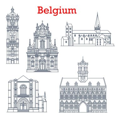 Belçika Mons, Binche ve Bruges şehirlerinin mimari ve binaları, vektör simgeleri. Belçika 'nın ünlü katedralleri, Saint Waltrude Koleji ve St Ursmer Kilisesi veya Sint Ursmaruskerk evleri