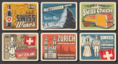 İsviçre, İsviçre turizm vektör tasarımının tarihi retro posterlerini taşıyor. İsviçre bayrağı, Alp dağı Matterhorn, İsviçre peyniri ve şarabı, ulusal kostümler, gardiyanlar, Grossmunster kilisesi ve kalesi.