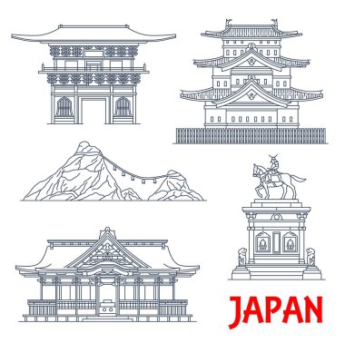 Japon mimarisi, tapınaklar, Japonya tapınak evleri, vektör inşa ikonları. Japonya 'nın Tosho-ji Tapınağı, Osaki Hachimangu Tapınağı ve Aomori' deki Hirosaki Kalesi 'nin ünlü dini simgeleri.