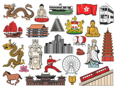 Hong Kong ve Çin ikonlarında izole vektör bayrağı, Bauhinia çiçeği, Buda, tapınak ve pagoda binaları bulunur. Ejderha, tramvay ve gökdelenler, arma, davul, deniz ve hurda tanrıçası