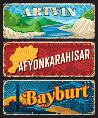 Artvin, Afyonkarahisar, Bayburt il, Türkiye 'de vintage levhalar veya afişler. Vektör yaşlandırılmış seyahat varış işaretleri. Retro grunge tahtaları, eski turistik Türk levhaları.