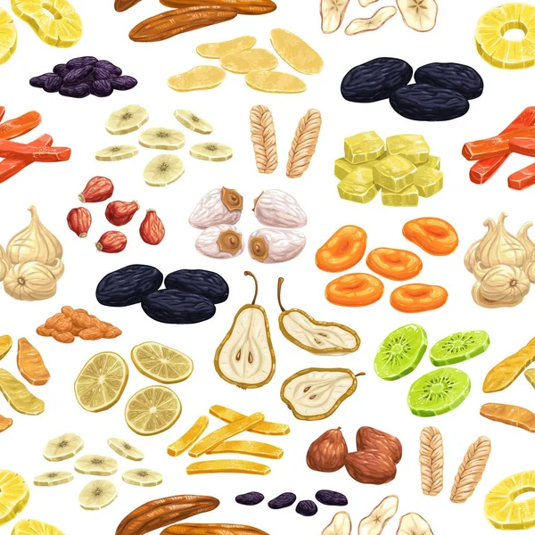 干果无缝图案 卡通病媒干菠萝片 葡萄干和梨子 香蕉和芒果 蔷薇和无花果 鳗鱼和甜瓜 柠檬和杏子 猕猴桃 — 图库矢量图片
