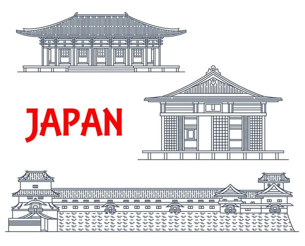 Japanse Reizen Oriëntatiepunten Tempel Gebouwen Boeddha Architectuur Vector Lijn Pictogrammen — Stockvector
