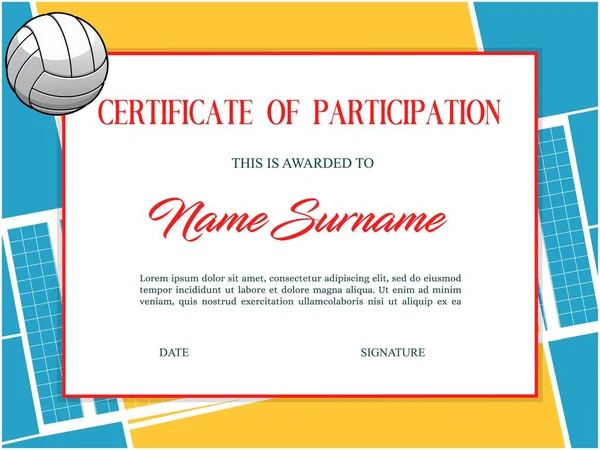 Volleyball Certificate Award Diploma Sport Cup Winner Appreciation Vector Template — Stock Vector