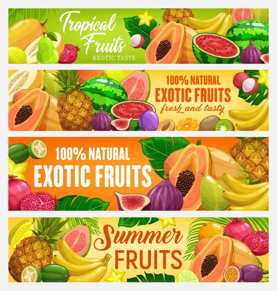 Egzotik Meyve Tropikal Meyve Taşıyıcı Pankartları Çizgi Film Papaya Ananas — Stok Vektör