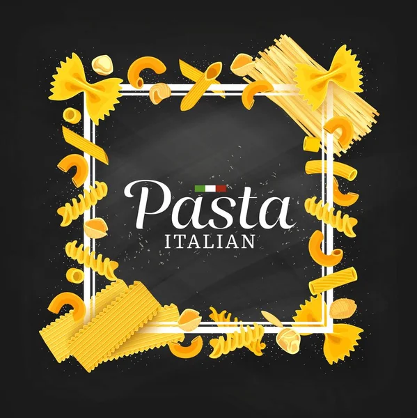 パスタ イタリア料理レストランメニューカバーまたはフレーム 漫画のベクトルの秋 マッケローニとコンキリエ ペンネ スパゲティのリングイネとエリーチェ ラザニアのパスタ 小麦粉と黒板の机の背景 — ストックベクタ