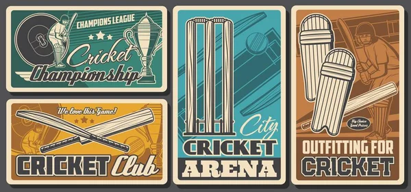 Cricket Sport Retro Banner Mit Vektor Cricket Bälle Schläger Pforten — Stockvektor