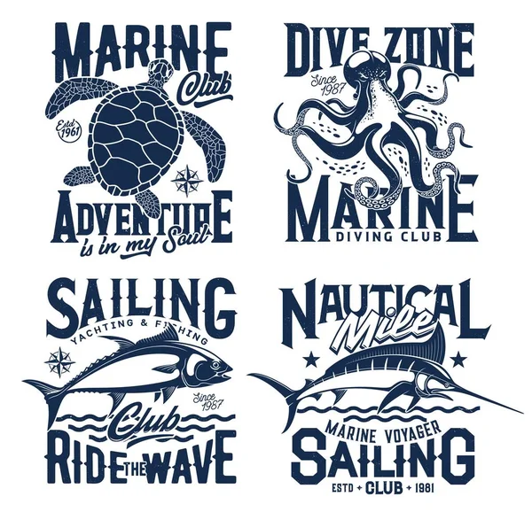 Marinho Náutico Shirt Impressões Com Ondas Mar Ícones Vetor Oceano — Vetor de Stock