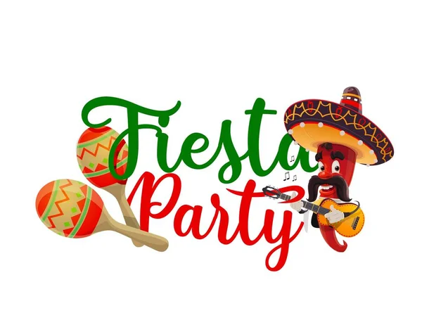 Fiesta Party Mexican Mariachi Pepper Sombrero Guitar Vector Cartoon Character — Stock Vector