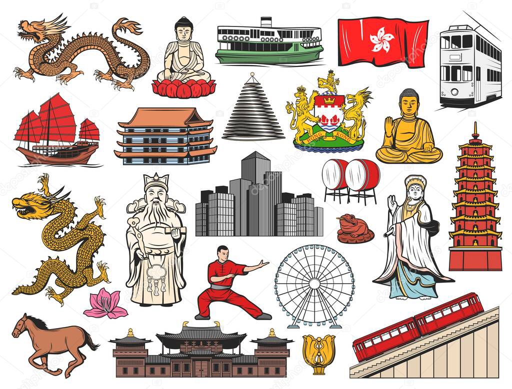 Hong Kong and China travel icons with isolated vector flag, bauhinia flower, Buddha, temple and pagoda buildings. Dragon, peak tram and skyscrapers, coat of arms, drum, goddess of sea and junk boat